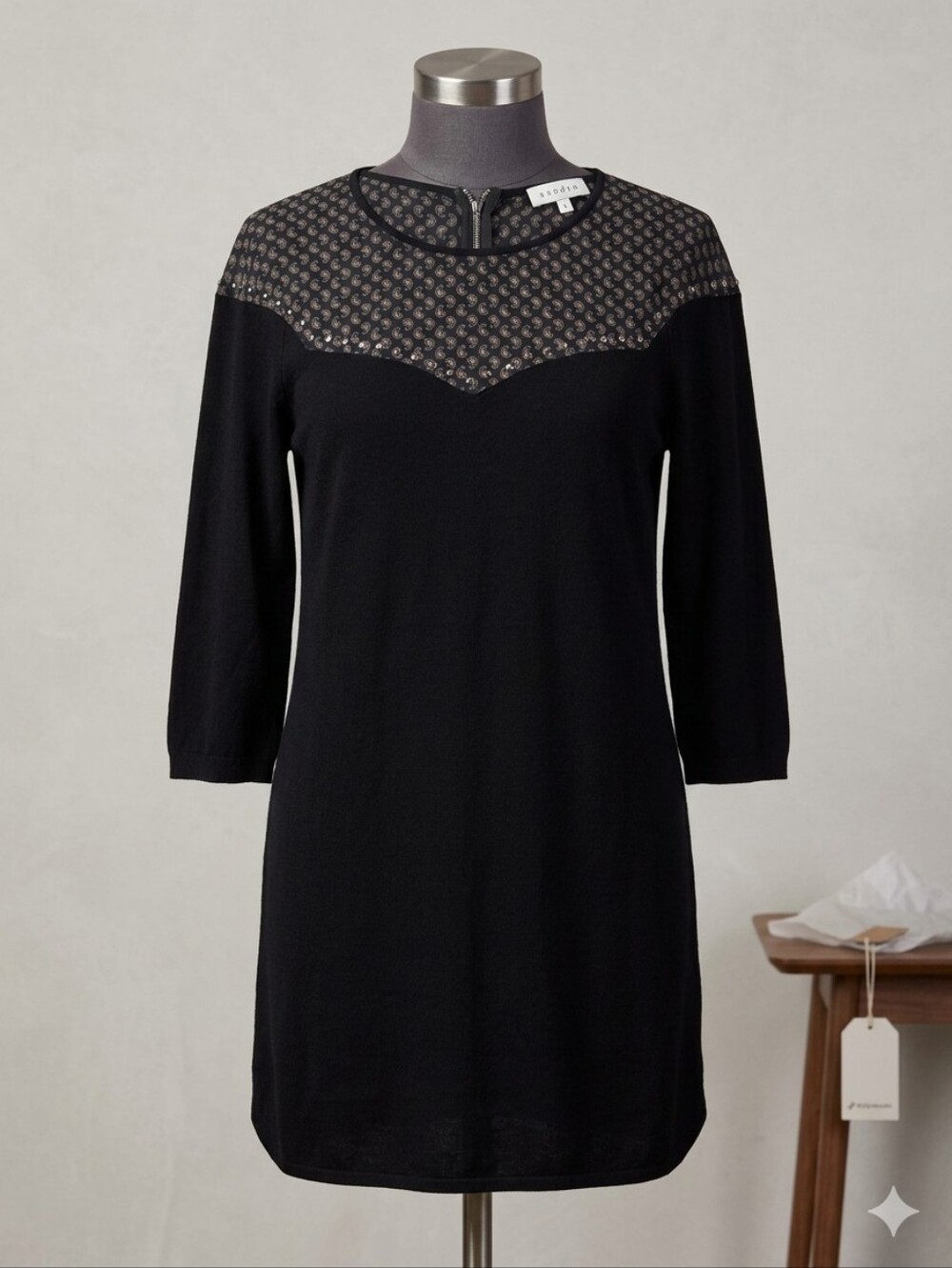 Sandro Paris Black Silk-Blend Mini Dress with Embellished Yoke